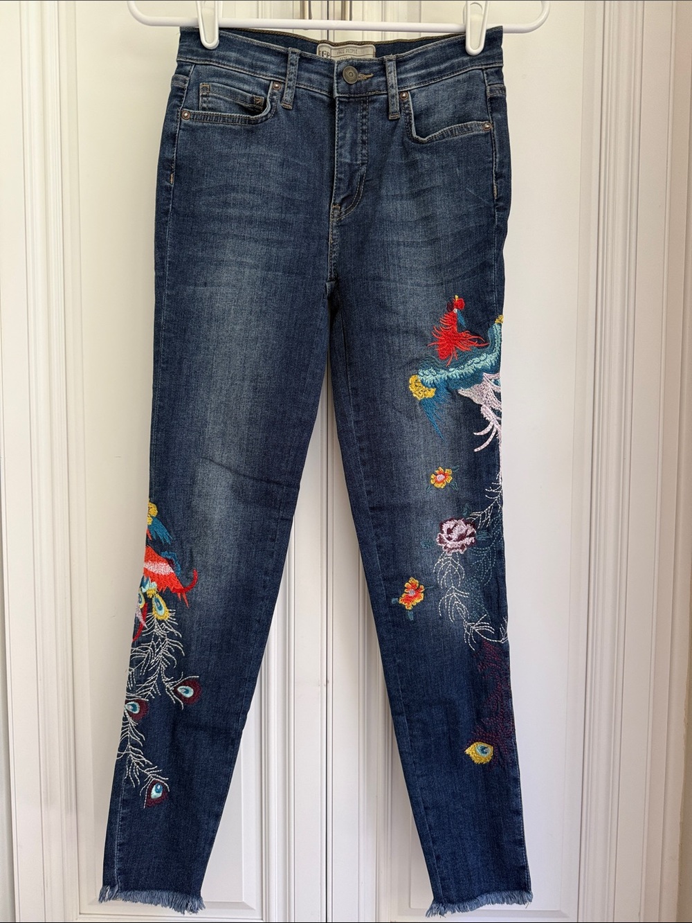 Free People Dark Blue Embroidered Ankle Jeans
